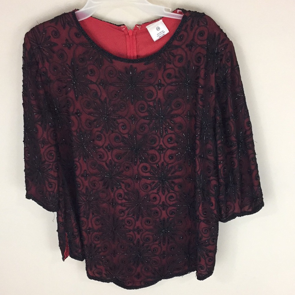 Red and Black Silk Beaded Evening Top Blouse Plus Size 2X